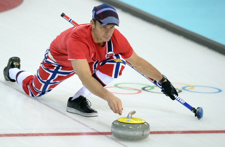 Norway's Thomas Ulsrud attends a Men's Curling Training Session at the Ice Cube Curling Center during the Sochi Winter Olympics