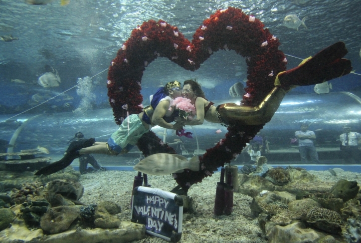 A diver dressed to look like Poseidon, kisses another dressed as the mermaid Marina, during a Valentines day event inside a huge aquarium at the ocean park in Manila. ©REUTERS/Romeo Ranoco