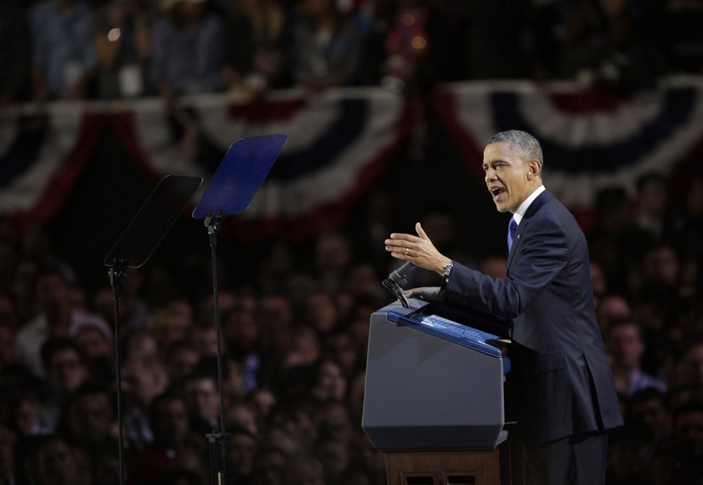 U.S. President Barack Obama addresses supporters after winning the U.S. presidential election. ©REUTERS/John Gress