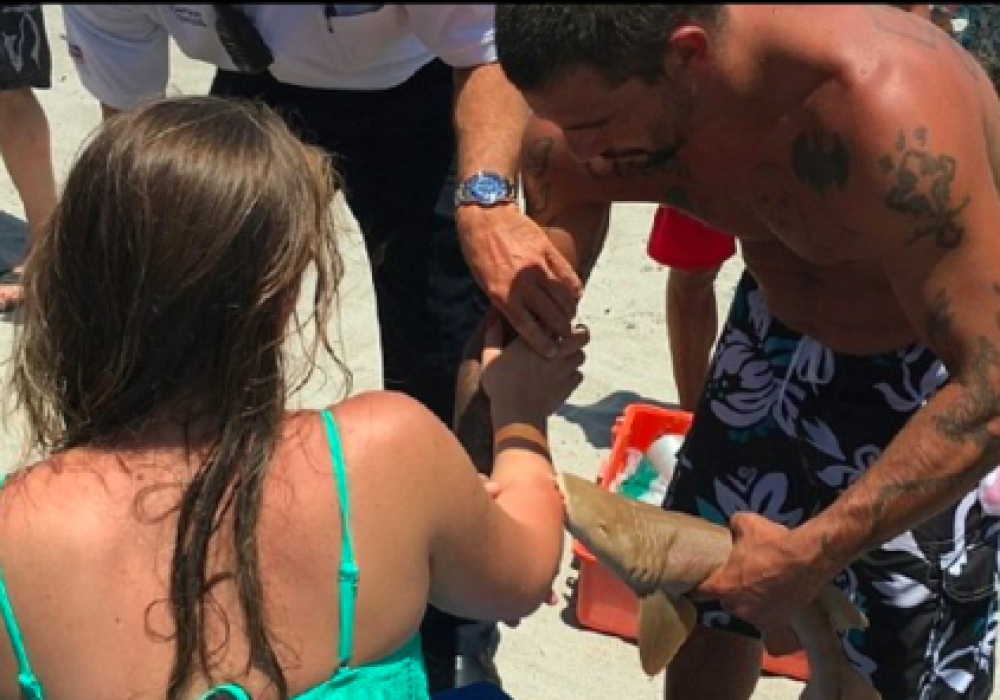 A woman with a shark clutching to her arm. Photo courtesy of Boca Raton Fire Rescue.