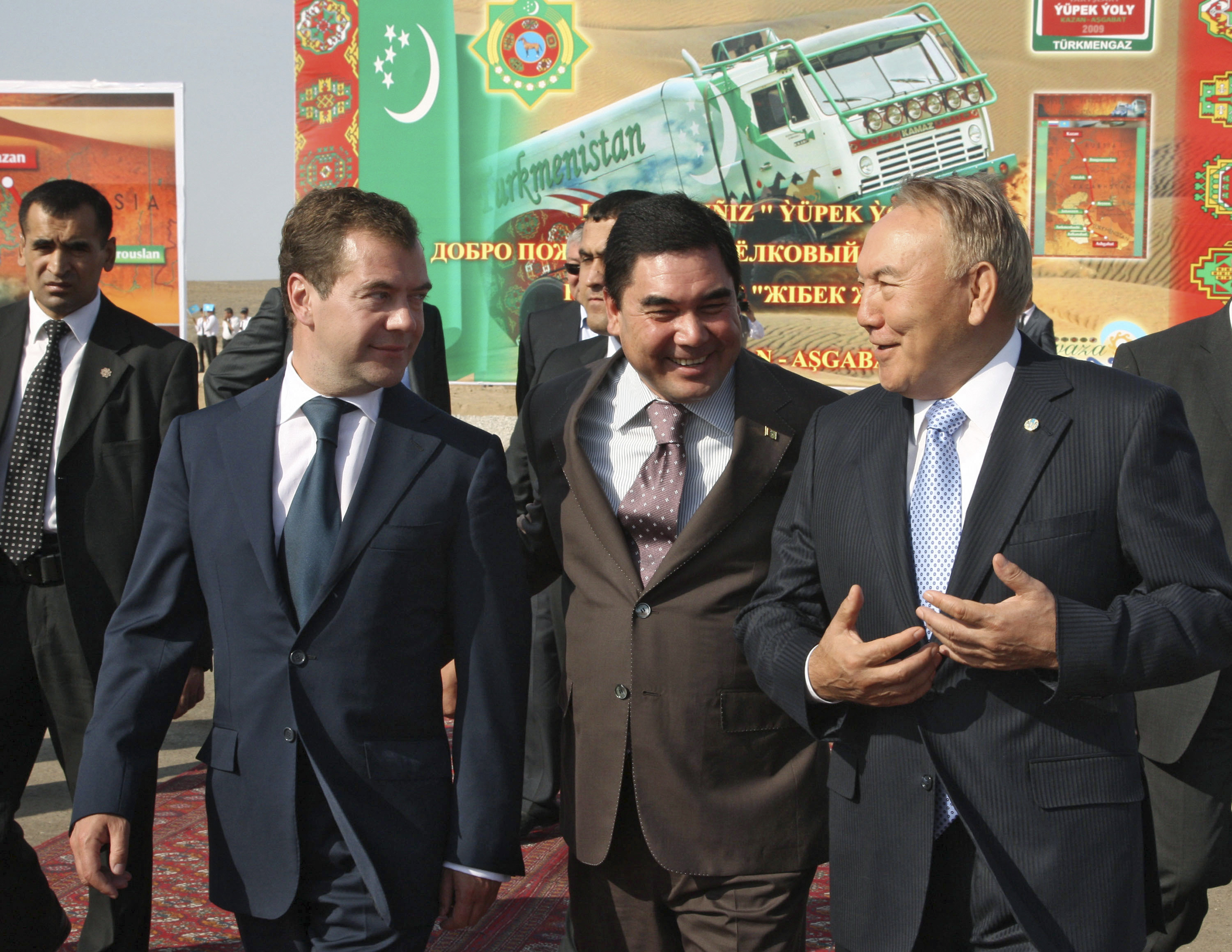 Russia's President Medvedev, Turkmenistan's President Berdymukhamedov and Kazakhstan's President Nazarbayev take part in opening ceremony in Turkmenbashi. ©REUTERS/RIA Novosti