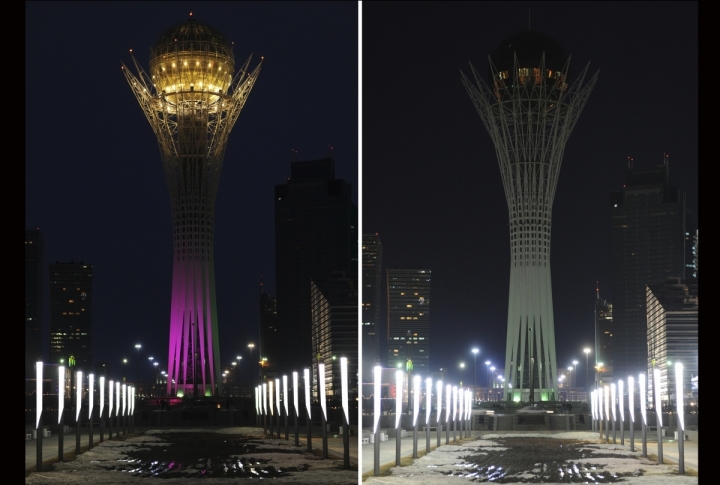 A combination shows the 97-metre monument Baiterek before and during Earth Hour in Kazakhstan's capital Astana. ©REUTERS