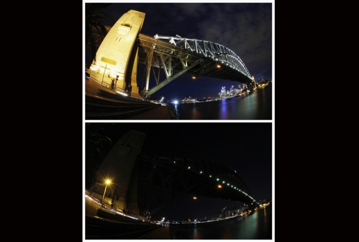 Combo picture shows Sydney Harbour Bridge and city skyline before and during Earth Hour. ©REUTERS/TIM WIMBORNE