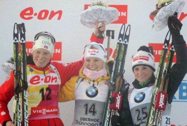 Tora Berger, Miriam Gessner and Anrea Henkel: leaders of the sprint. Photo courtesy of biathlonrus.com