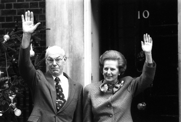 British Prime Minister Margaret Thatcher and husband Denis Thatcher outside her residence at 10 Downing Street. ©REUTERS