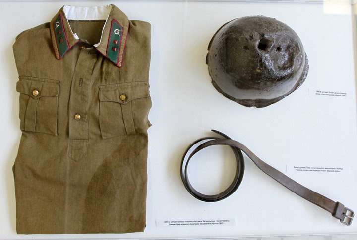 Junior political instructor's shirt of 1937. Steel helmet of 1940. Soldier's belt of WWII time