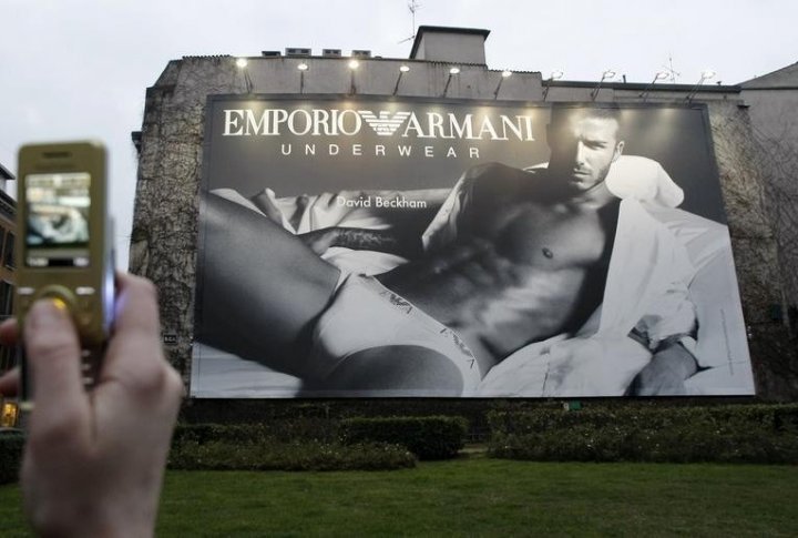 A maxi advertising campaign for Armani underwear with British soccer player David Beckham in downtown Milan. ©REUTERS/Stefano Rellandini