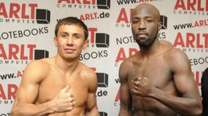 Gennady Golovkin and Lajuan Simon during the weighing ceremony. Photo courtesy of BoxingScene.com