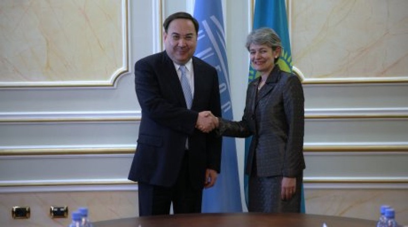 Yerzhan Kazykhanov met with Director General of UNESCO Irina Bokova. Photo courtesy of Kazakhstan Foreign Ministry
