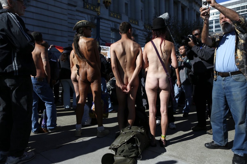 Nudists listen to speakers during a rally against banning nudity in parts of the city in San Francisco. ©REUTERS