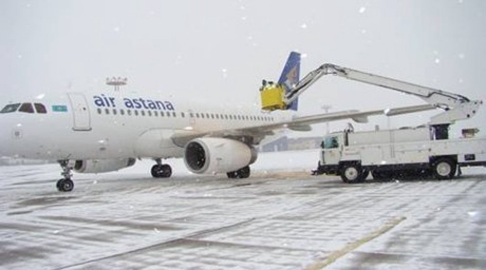 Aircraft treatment with deicing fluid. Photo courtesy of Air Astana press-service©