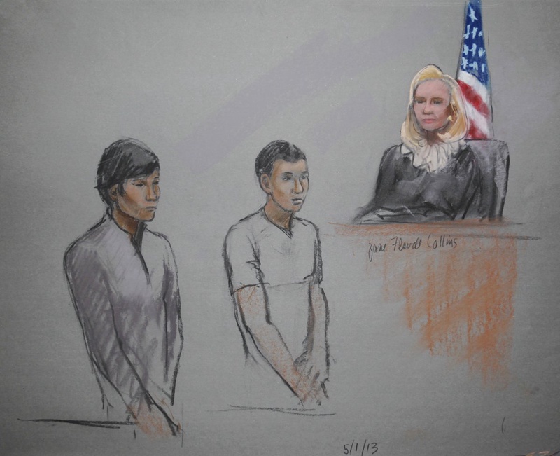 Defendants Dias Kadyrbayev (L) and Azamat Tazhayakov are pictured in a courtroom sketch at the John Joseph Moakley United States Federal Courthouse in Boston. ©REUTERS