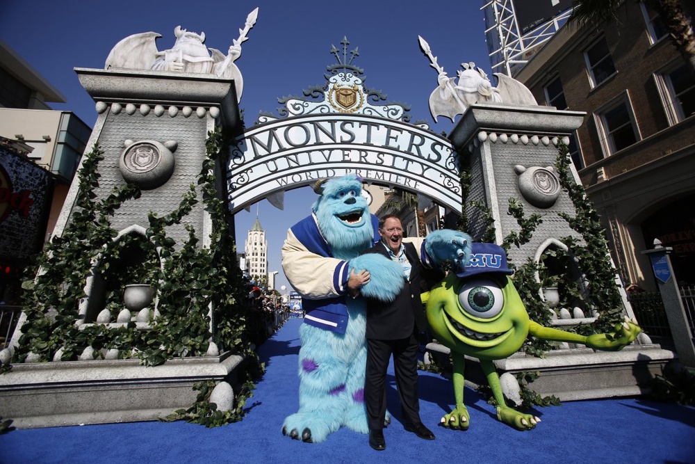 John Lasseter, Chief Creative Officer at Pixar and Walt Disney animation studios, poses with life-size characters of Mike and Sullivan. ©REUTERS/Mario Anzuoni 