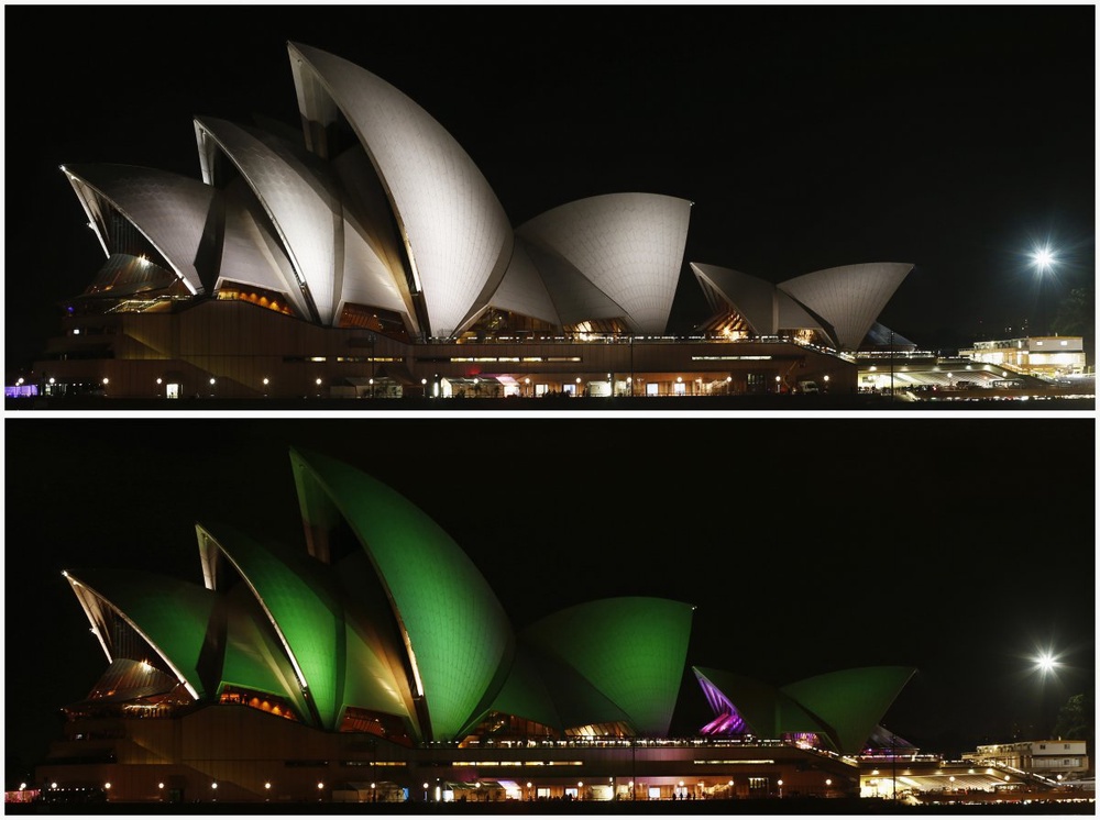 A combination picture shows the Sydney Opera House before Earth Hour, and during Earth Hour. 
©Reuters/Daniel Munoz 