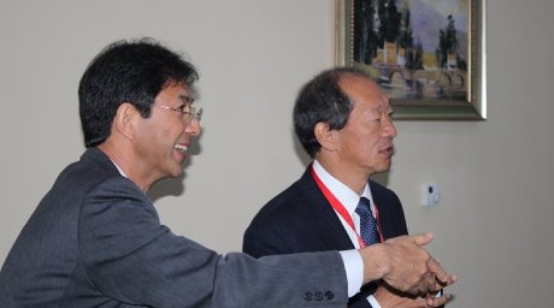 Dr. Yasuhiko Tabata of the Kyoto University (L) and Dr. Shigeo Katsu,  President of Nazarbayev University (R).