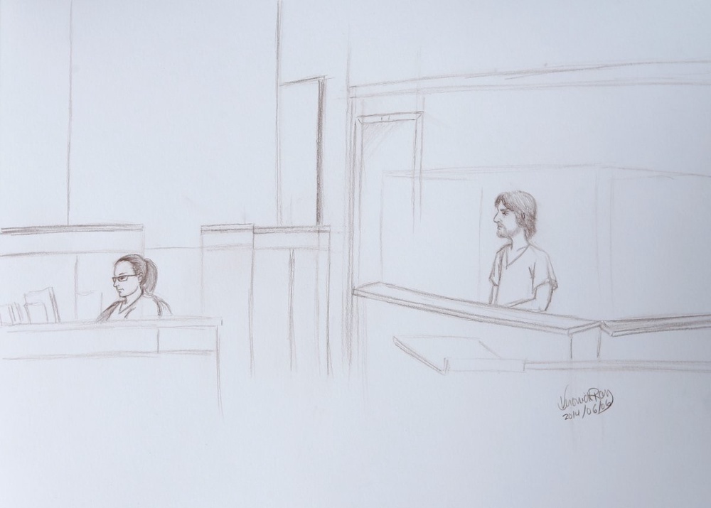 An artist's sketch shows Justin Bourque, 24, making his first court appearance in Moncton. ©Reuters/Veronick Roy