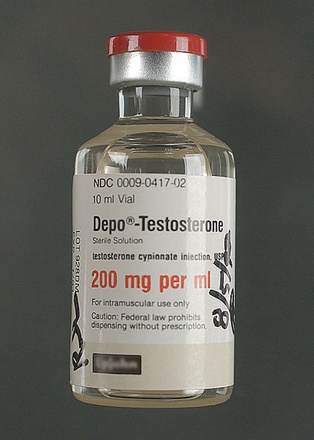 A 10 ml vial of Depo-Testosterone (testosterone cypionate), an anabolic steroid. Photo courtesy of wikipedia.org